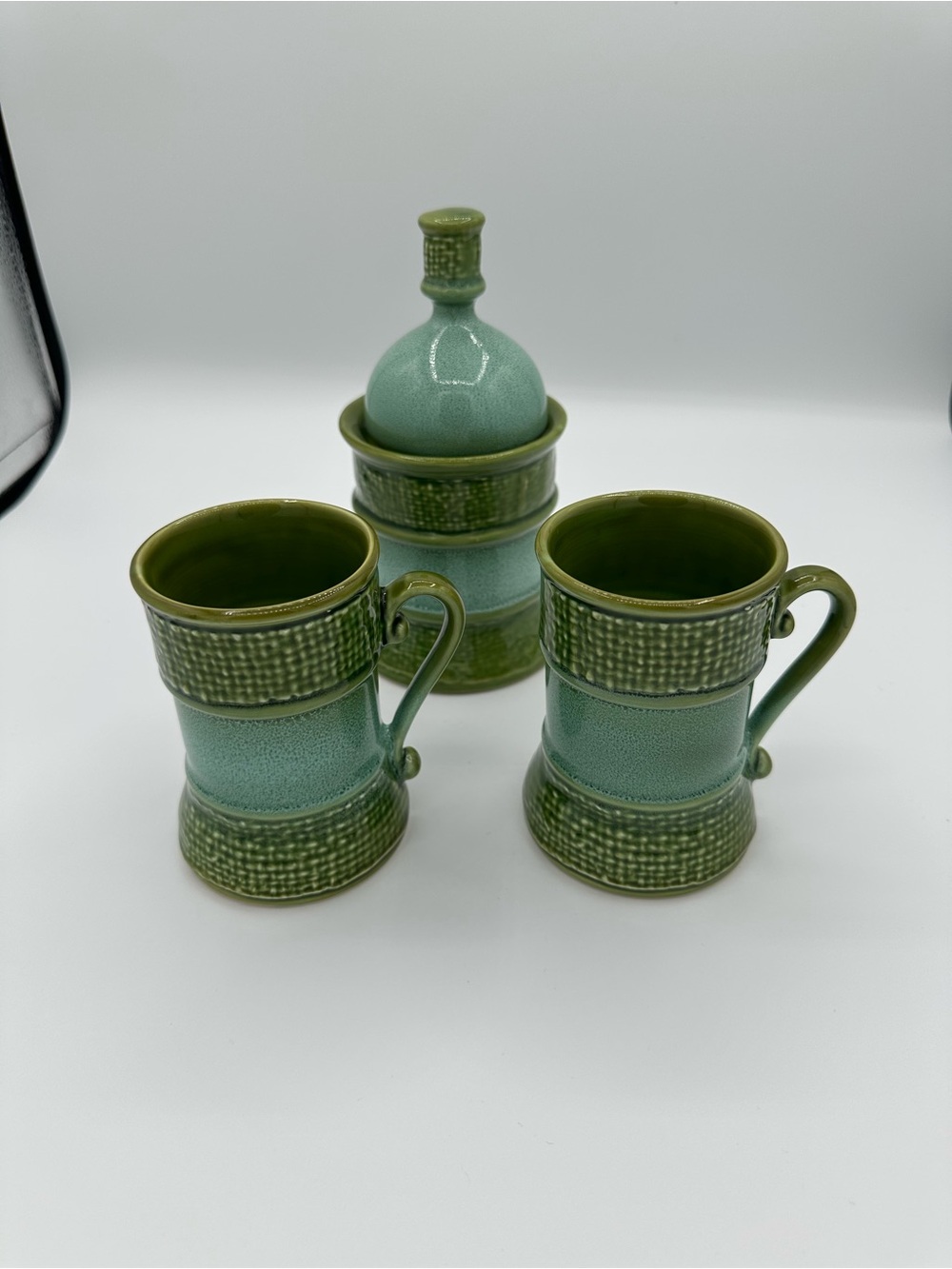 Vintage MCM Aqua Blue Green Ceramic Sugar Jar with Two Mugs